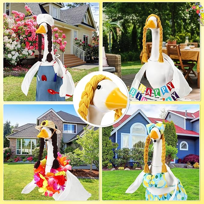 4 Pcs Poseable Goose Wings with Wigs Porch Goose Outfit Accessories Cute Goosey Braid Wigs White Poseable Wings for 23/17'' Outdoor Patio Yard Lawn Art Decoration(Farmhouse)