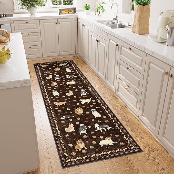 DUKINO 2x6 Kitchen Runner Rug, Washable Soft Non Slip Dog Rug, Brown | Stain Resistant, Low Pile Non-Shedding Animal Carpet Runner for Hallway Laundry Entryway Bathroom Bedroom, Kid & Pet Friendly