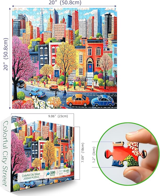 500 Piece Jigsaw Puzzle for Adults - Colorful Cityscape: Urban Neighborhood with Cherry Blossoms & Street Life, 20x20 Inch Unique Art Puzzle, Challenging Hard Difficult Puzzles for Adults