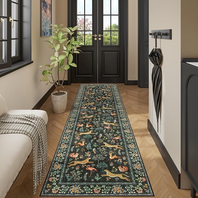 DUKINO 2.6x10 Washable Runner Rug, Non Slip Animal Rug for Hallway, Black | Soft, Low Pile, Non-Shedding Indoor Carpet Runner for Entryway, Kitchen, Bedroom, Bathroom, Pet Friendly, Stain Resistant