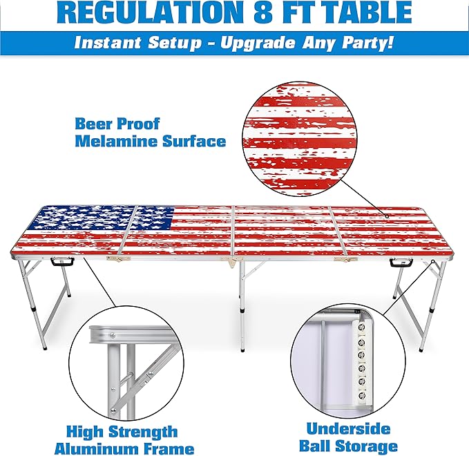 GoPong 8 Foot Portable Beer Pong/Tailgate Tables (Black, Football, American Flag, or Custom Dry Erase)