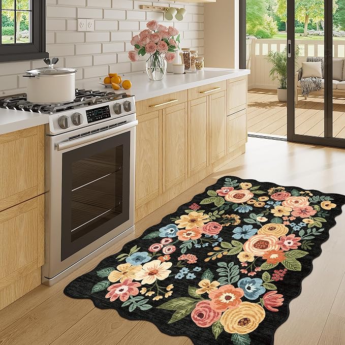 DUKINO 3x4 Rug, Non Slip Floral Washable Area Rug for Entryway, Black | Soft, Low Pile, Non-Shedding Indoor Throw Rugs for Kitchen, Hallway, Bedroom, Bathroom, Laundry, Pet Friendly, Home Decor