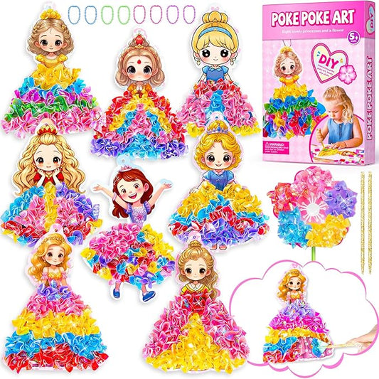 RIEYON Poke Poke Art Kits - Magical Princesses for Kids, 8 Princesses & 1 Flower Arts and Crafts Mess-Free DIY Creative Activity Kits, Birthday Christmas Gifts for Girls & Boys Ages 4 5, 6, 7, 8, 9,10