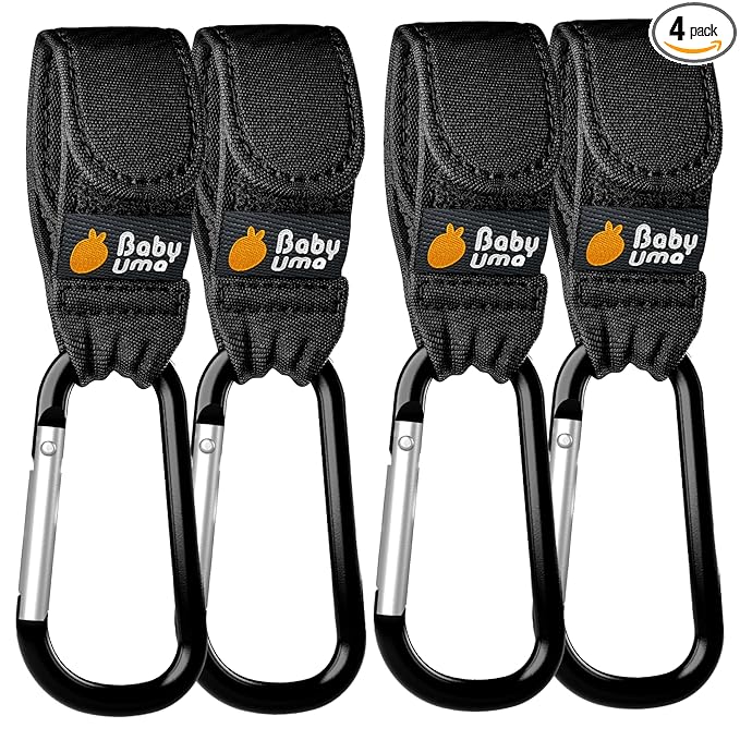 Baby Uma Baby Stroller Hooks for Bags - 4-Pack of Stroller Clips for Diaper Bag, Carry 11 lbs per Stroller Carabiner Clip, Adjustable Stroller Straps, Bag Hook, Universal Stroller Accessories