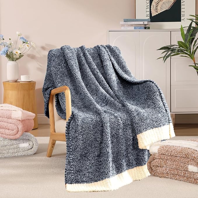 Soft Twin Blanket for Bed-Cozy Warm Reversible Knitted Blankets | Lightweight Fluffy Decor for Women, Mom, Her & Girls, Sofa, Chair, Couch, 60x80in, Cationic Dyeing Navy Blue