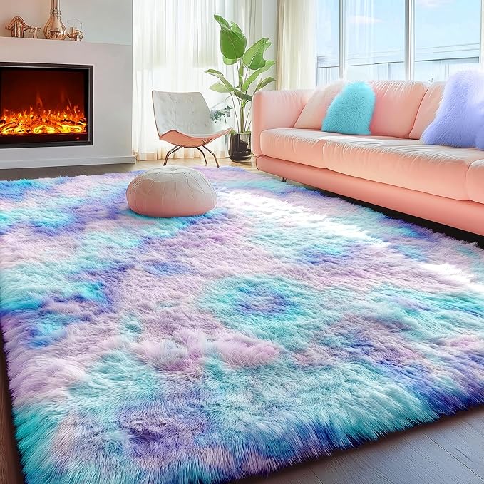 PAGISOFE Furry Rainbow Rugs for Bedroom Girls, 2x3 Soft Purple Shag Tent Rugs for Livingroom, Kids Room, Nursery, Home Decor, Fluffy Fuzzy Adorable Carpet, Plush Mermaid Kawaii Throw Rug, Accent Rug