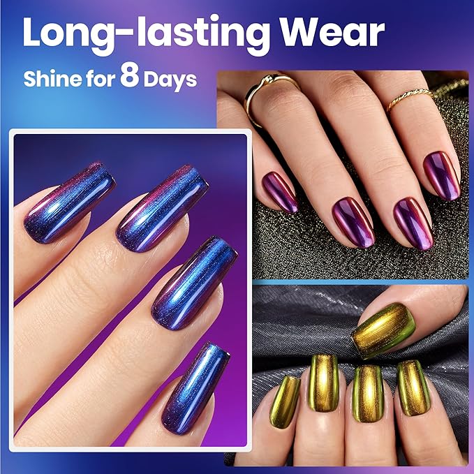 Beetles Chrome Nail Polish Set - Chameleon Holographic Ember 6 Colors Air Quick Fast Dry Metallic Nail Polish Long Lasting DIY Fingernail Art Home Salon Spring Gifts for Girls Women