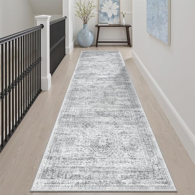 Soalmost Runner Rug 2x7 Washable Non-Slip Hallway Rugs for Kitchen Grey | Low-Pile Vintage Runners for Bathroom Laundry Room, Foldable Floor Carpet Mat for Entryway Corridor Bedroom