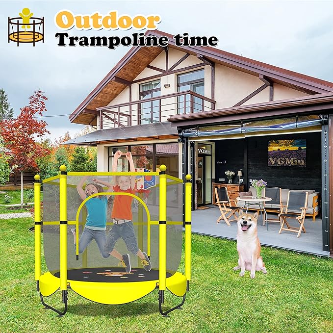 VGMiu 60" Trampoline for Kids, 5 FT Indoor & Outdoor Toddler Baby Trampoline with Basketball Hoop, Safety Enclosure, Birthday Gifts for Kids, Gifts for Boy and Girl, Age 3-8
