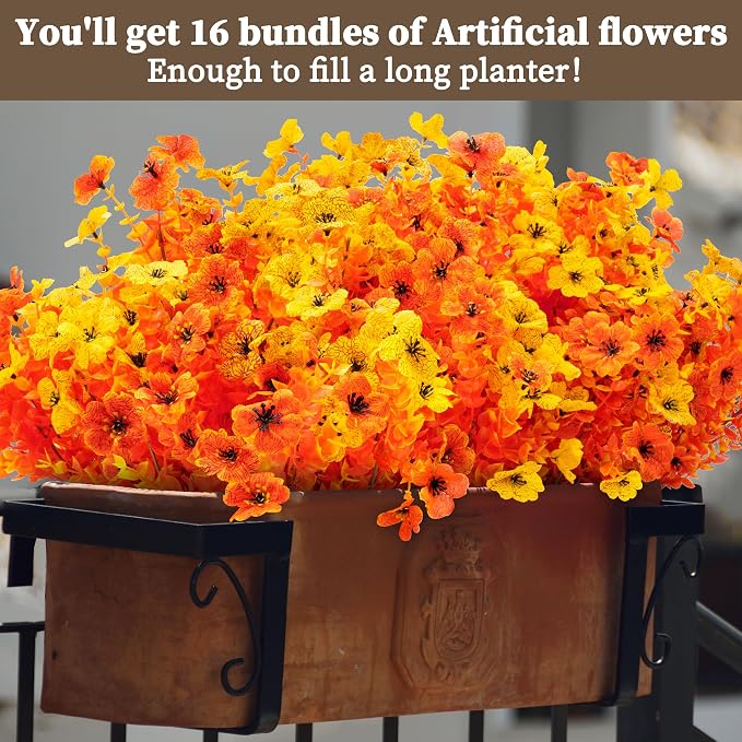 ColoPlay 16 Bundles Artificial Mums for Outdoors, Fake Flowers Fall Decor | Faux Mums for Outdoor Planters, Eucalyptus Leaves UV Resistant Fake Plants for Home Porch Box Wedding Farmhouse(Fall Red)