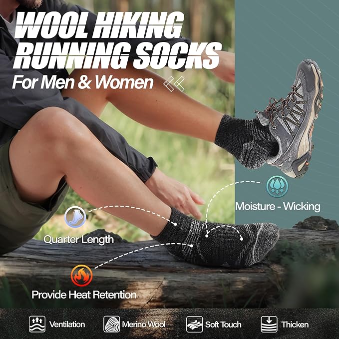 ANTSANG 6 Pairs Merino Wool Quarter Ankle Hiking Running Socks Compression Thermal Thick Cushion Socks for Women Men