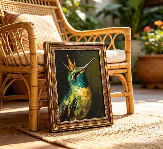 Vintage Gold Framed Canvas Wall Art Whimsical Hummingbird Painting Picture Wall Decor Boho Bird Poster Print Artwork for Living Room Bedroom Home Decoration