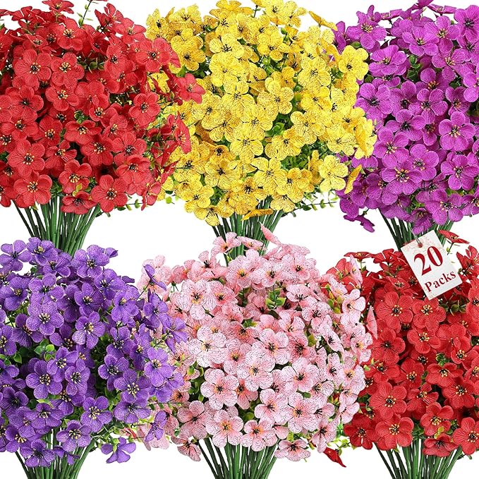Alupssuc 20 Bundles Artificial Flowers for Outdoor Indoor Decoration | UV Resistant No Fade Fake Plants Eucalyptus, Colorful Faux Spring Flowers for Outside Yard Porch Patio Garden Home Window Box