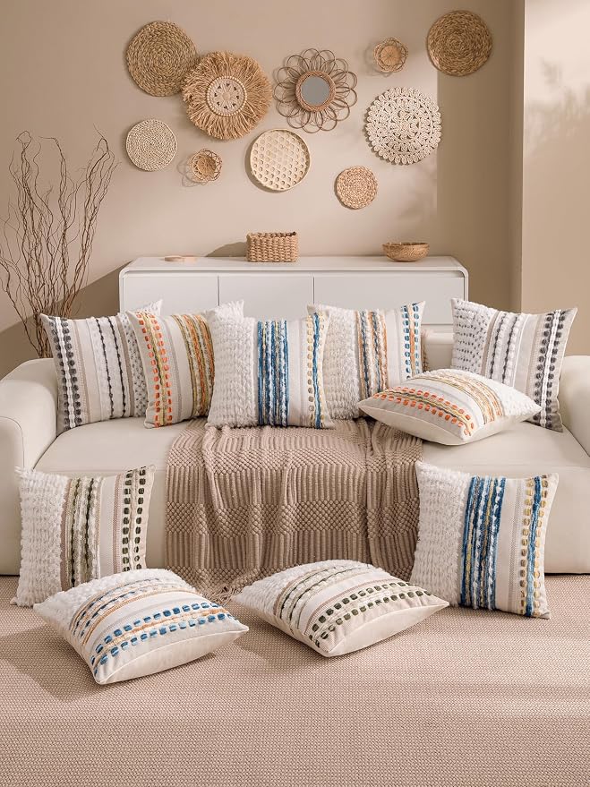 Boho Chenille Tufted Couch Throw Pillow Covers 18x18 Inch Set of 2 Farmhouse Striped Decorative Pillow Covers Accent Neutral Pillowcase Caramel Brown Blue Cushion Cover for Livingroom Sofa Bed