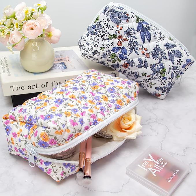 PAZIMIIK Small Quilted Makeup Bag,Zipper Cosmetic Pouch,Ditsy Floral,6 Pack | Lightweight Cosmetic Bag Organizer for Women,Purse Storage Holds Makeup,Toiletries,Skincare,Beauty Essentials,Travel Items