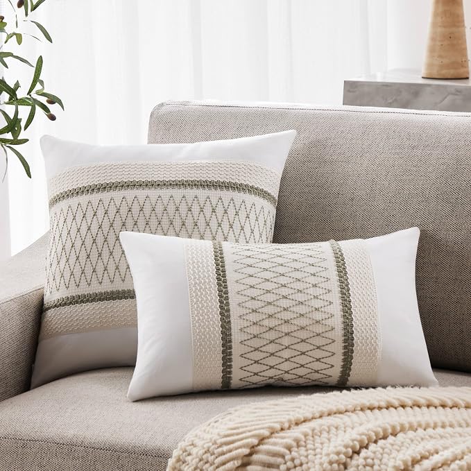 2pk Boho Pillow Covers 16x16, Natural White/Grid/Green | 100% Organic Cotton Body, Stripe Embroidery, Farmhouse Decorative Cushion Covers for Sofa Bed Living Room Home Decor