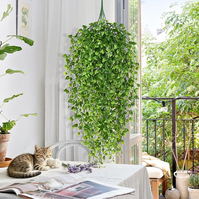 Waipfaru 4Pcs Artificial Hanging Plants, Fake Vines Boston Ivy | Fake Hanging Plants UV Resistant Ivy Artificial Plants Faux Plants Indoor Living Room Boho Wall Porch Shelf Decor