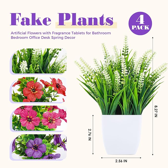 Der Rose 4 Pack Small Artificial Flowers in White Pots, Spring Home Decor | UV-resistant artificial plants, colorful mixed flower styles, for desk shelf bathroom bedroom classroom and spring home decor