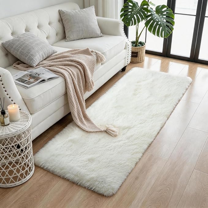 KCHOWUA Cream White Fluffy Area Rug 2x6, 2 Pcs Machine Washable Fuzzy | Soft plush shaggy throw rug Ivory for girls bedroom, living room, kids room, dorm, and nursery