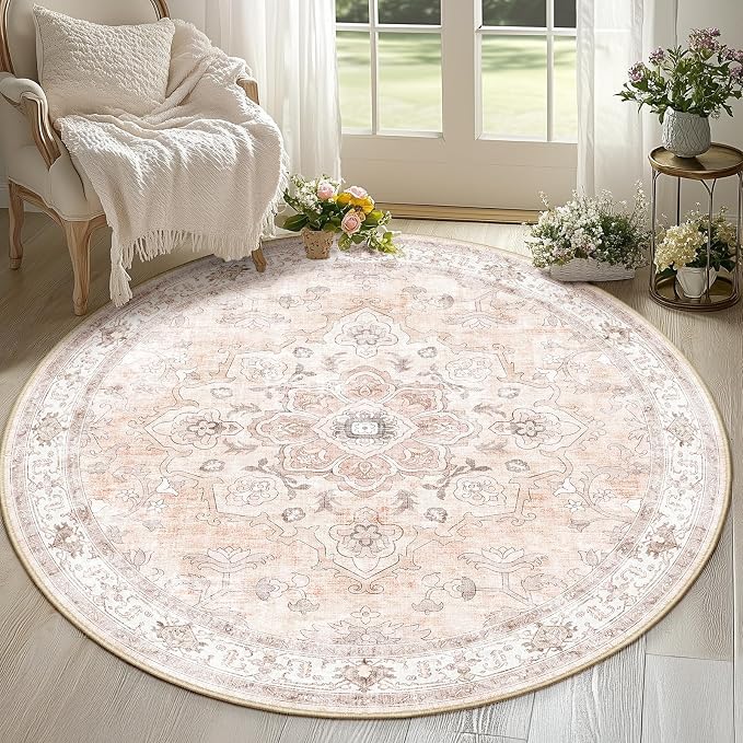 CAPALOCA Round 6ft Washable Nursery Girls Low Pile Area Rug Pink | Non-Slip Soft Rugs for Bedroom Kids Playroom Living Room, Print Pattern Water Repellent Carpet Indoor Decor