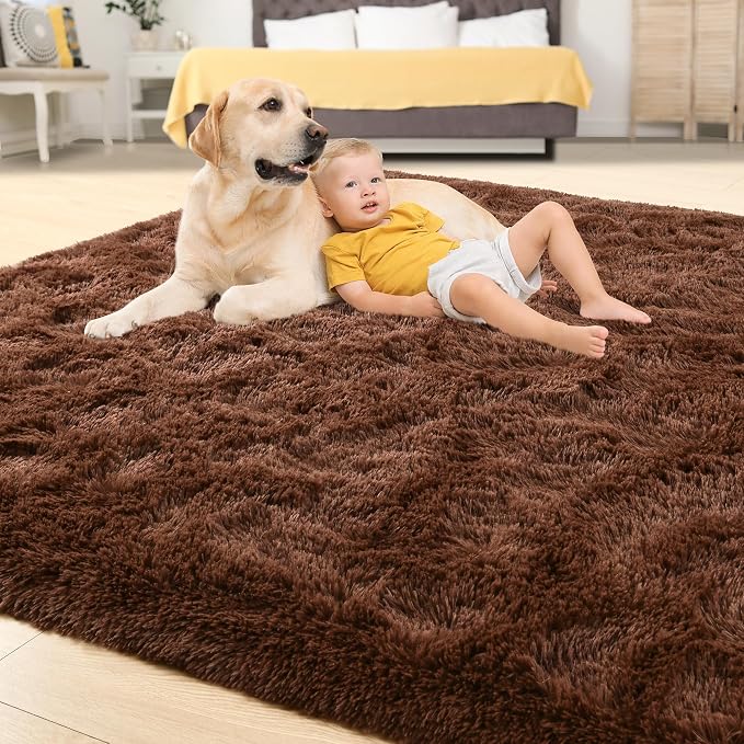 Tepook 9x12 Brown Area Rugs for Living Room Bedroom, Soft Fluffy Plush Shaggy Girls Boys Kids Room Rug, Shag Upgrade Non-Slip Throw Carpet for Dorms Nursery Classroom Home Decor