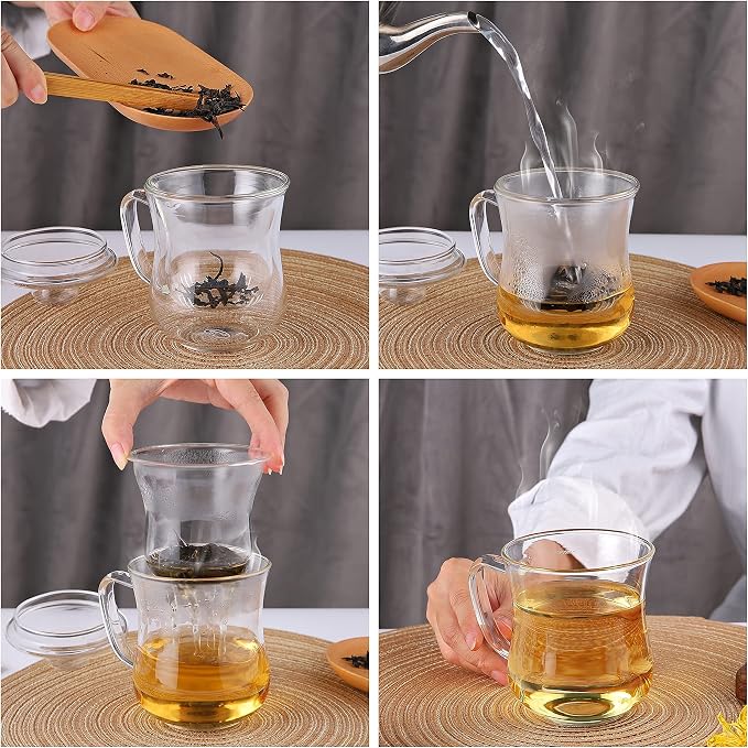 CNGLASS Glass Tea Cup with Removable Infuser and Lid,10oz Thickened Glass Infuser Mug,Borosilicate Glass Mug for Loose Leaf Tea,Teabags