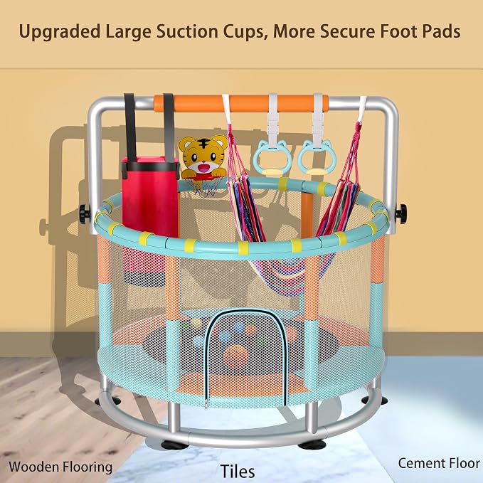 55" Kids Indoor Trampoline with Safety Net, Adjustable Gymnastics Bar & Toys – Indoor/Outdoor Toddler Play Gym for Boys & Girls Ages 3+, Birthday Gifts
