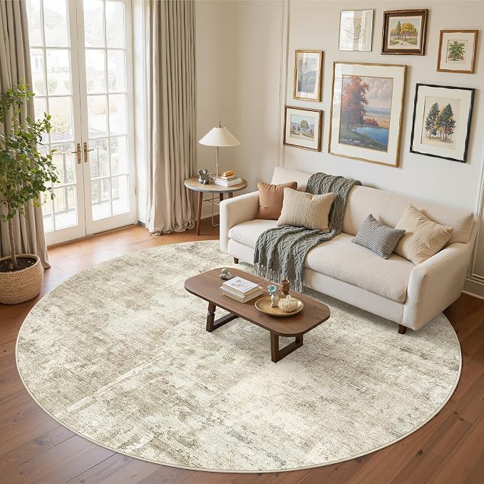Soalmost Round Rugs 9ft Living Room Circle Area Rug 9x9 Beige/Gray Vintage | Washable Non Slip Abstract Carpet for Apartment, Dining Bedroom, Soft Low Pile Stain Resistant Foldable Floor Mat Entryway