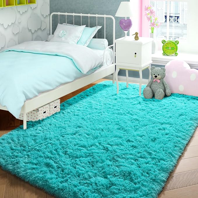 PAGISOFE Soft Fluffy Teal Area Rugs for Bedroom Kids Room Living Room Rug Shag Furry Carpet for Boys Girls Room Modern Plush Decorative Nursery Rugs Solid Accent Floor Rugs Dorm 4' x 6', Blue