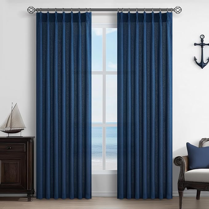 Pleat Sheer Denim Blue Curtains 84 Inch Length 2 Panels Set for Living Room, Elegant Pinch Pleated Textured Linen Drapes Light Filtering Boys Kids Room Window Burg with Hooks(40 x 84 Inches Navy Blue)