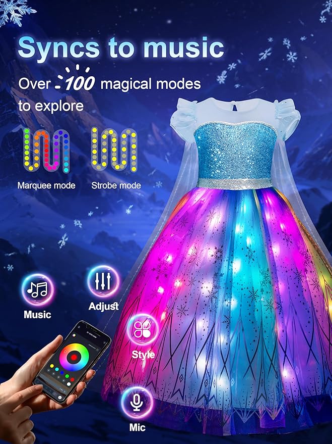 Princess Costume for Girls, RGB Light Up Toddler Dress up ＆ Syncs Music App Control with Accessories for 3-10 Girls