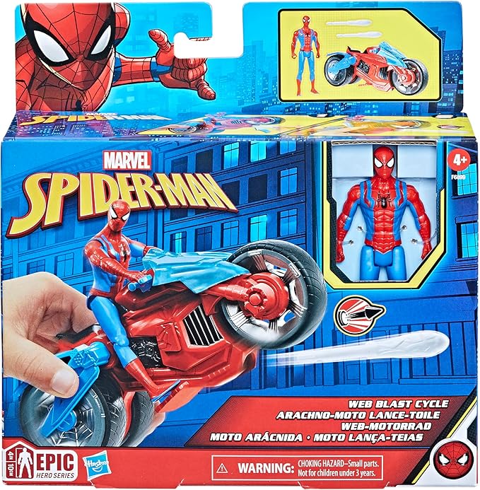 Marvel Spider-Man Web Blast Cycle, 4-Inch Action Figure with Vehicle and 2 Web Projectiles, Kids Playset for Ages 4 and Up