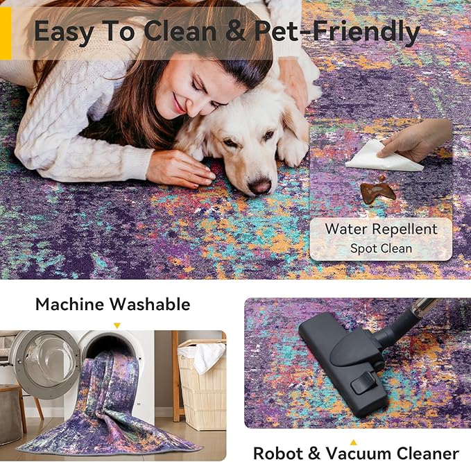 RELEANY Washable 6'x8' Abstract Area Rug for Living Room Purple Multi | carpet for bedroom, kitchen, office, hallway and entryway, printed pattern, non-slip, soft, stain-resistant, easy to clean