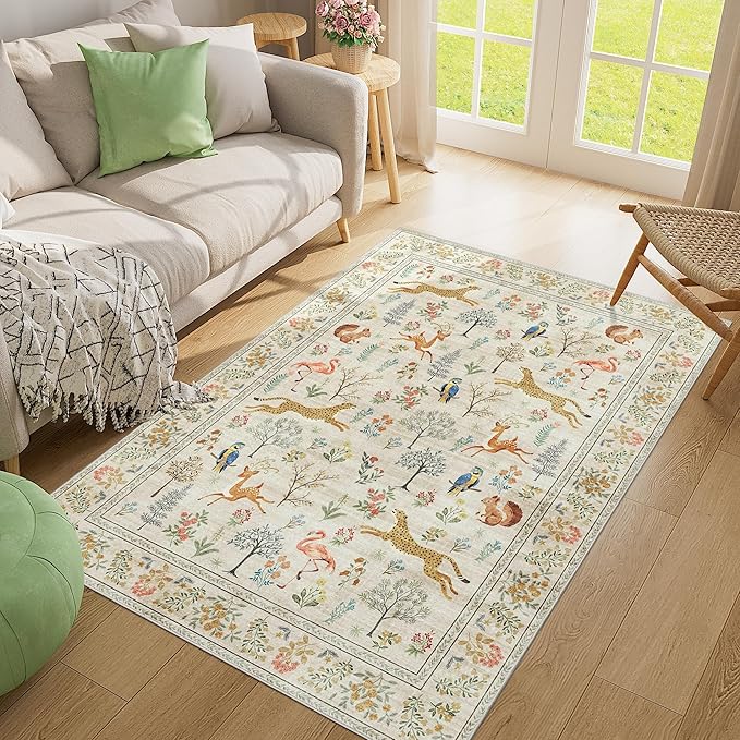 DUKINO 4x6 Area Rug, Non Slip Animal Washable Rug for Living Room, Beige | Soft, Low Pile, Stain Resistant Indoor Carpet for Bedroom, Dining Room, Nursery, Farmhouse, Pet Friendly, Non-Shedding