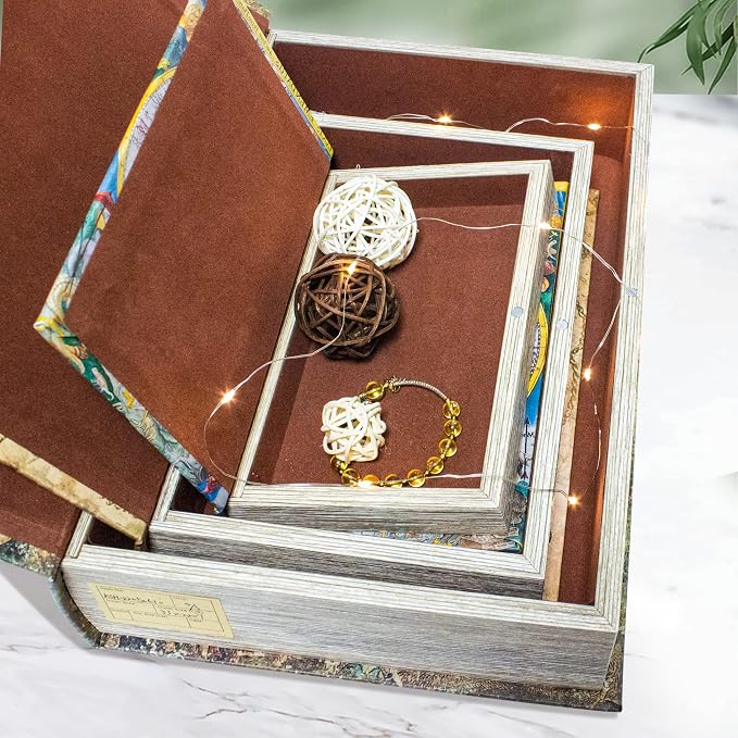 Decorative Book Box Set of 3,Fake Book Trinket Keepsake Storage Box | Faux Antique Book Shaped Vintage Style Decorative Books Boxes with Ancient World Map Pattern Books,Graduation Gift
