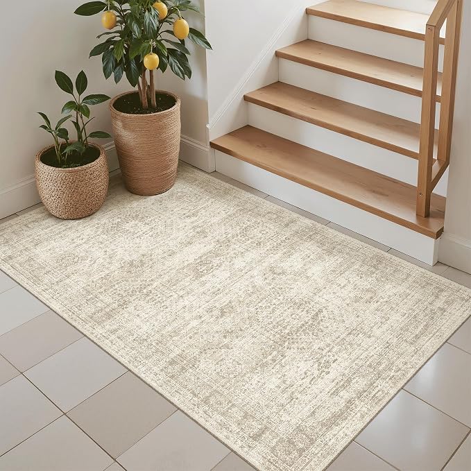 Soalmost 3x4 Rugs Non-Slip, Small Washable Kitchen Entryway Area Rug Beige | Vintage Low Pile Carpet for Nursery Coffee Table Bathroom, Foldable Stain Resistant Indoor Door Mat Entrance Powder Room