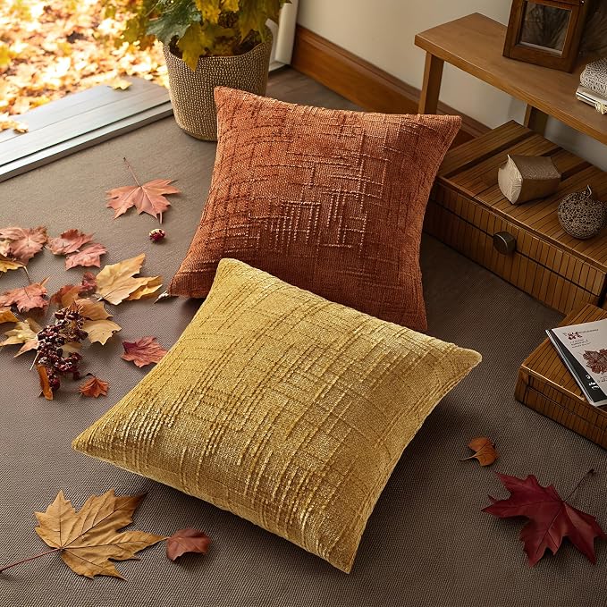 decorUhome Textured Chenille Throw Pillow Covers 16x16 Set of 2 Rust | Fall Modern Farmhouse Soft Cozy Slubby Couch Pillow Cases Boho Decorative Pillow Cases for Bed Sofa Living Room Home Decor