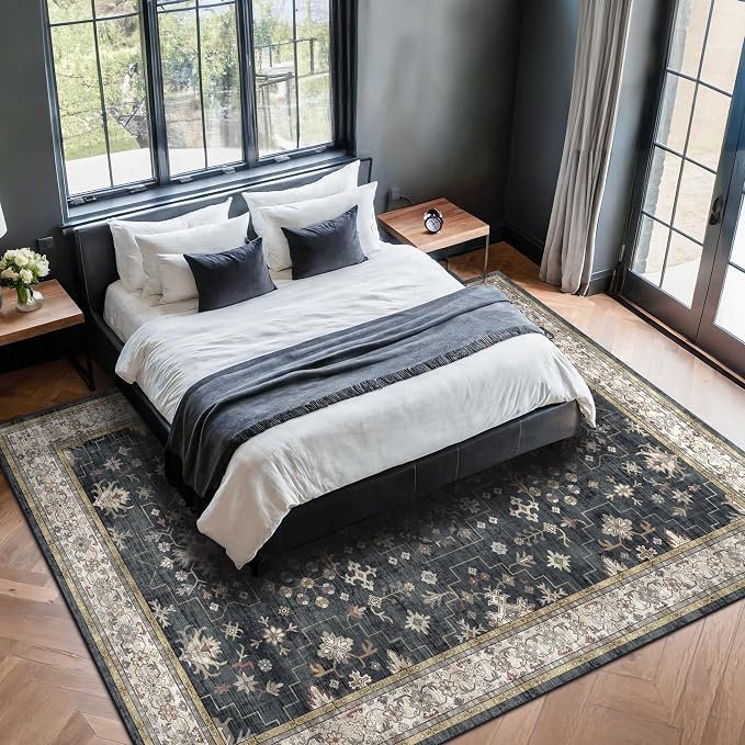 Hazo Haus Black Farmhouse Washable 7x10 Area Rugs for Living Room, Bedroom, Dining Room Table, Dark Charcoal Stain Resistant Non-Slip Large Washable