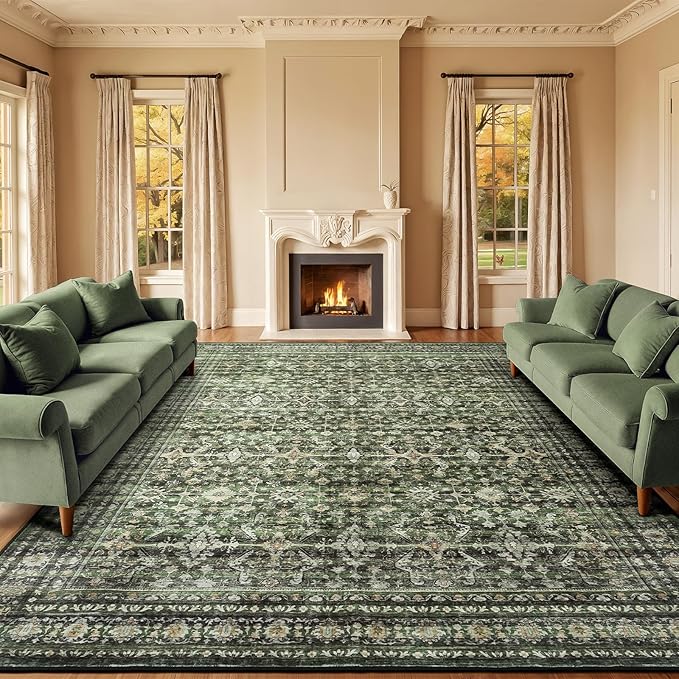 10x12 Area Rugs for Living Room, Green Washable Non-Slip Large Carpet | Soft Boho Area Rug for Bedroom Dining Room Home Office Indoor Nursery, Stain Resistant, Low Pile, Vintage Distressed Rug