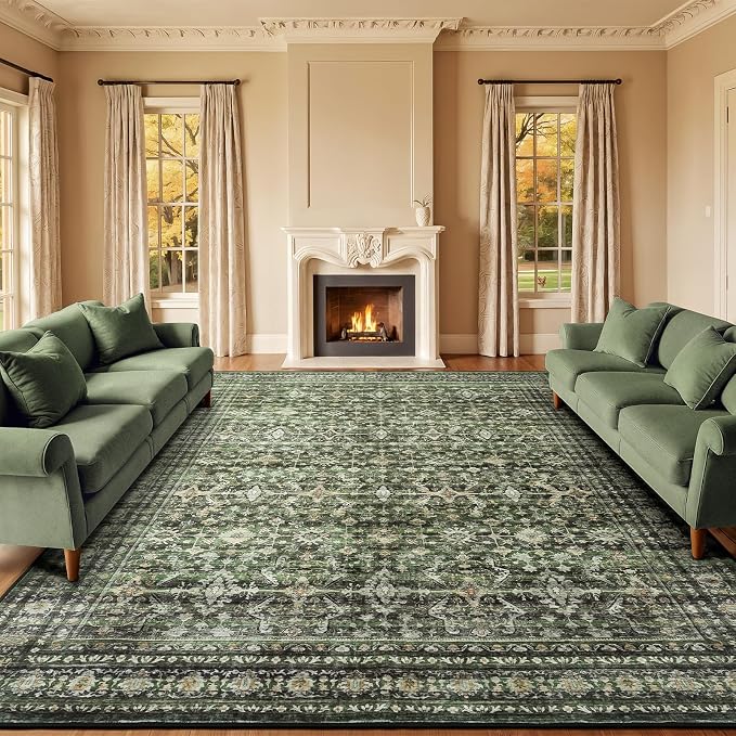 9x12 Area Rugs for Living Room, Green Washable Non-Slip Large Carpet | Soft Boho Area Rug for Bedroom Dining Room Home Office Indoor Nursery, Stain Resistant, Low Pile, Vintage Distressed Rug