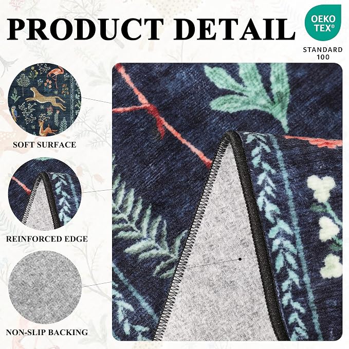 DUKINO 2x4 Rug for Entryway, Animal Washable Rug for Kitchen, Navy Blue | Non Slip, Low Pile, Stain Resistant Indoor Runner Rug for Hallway, Bedroom, Bathroom, Laundry, Pet Friendly, Non-Shedding