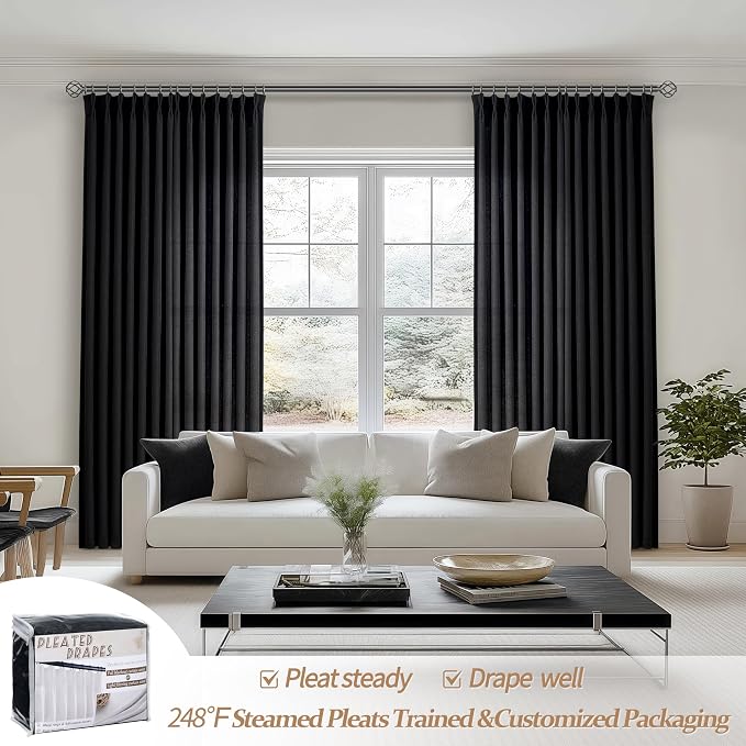 Extra Long Floor to Ceiling 108 Inch Negras Cortinas Para Sala, Pinch Pleated Linen Sheer Luxury Cutains for Living Room 2 Panels Set Light Filtering Privacy 9 FT Large Window Drape with Hook Back Tab
