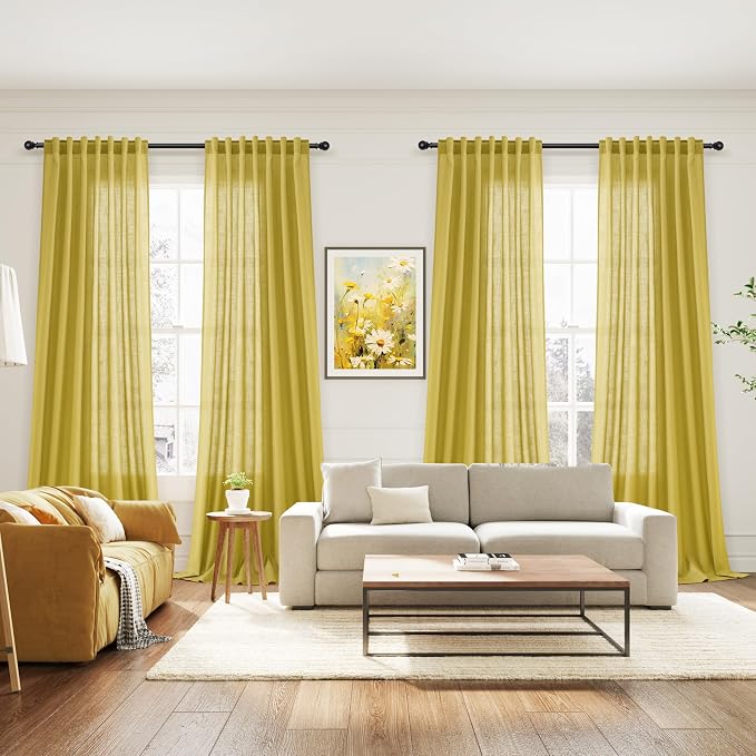 Nanspring Celery Yellow Linen Curtains 108 Inches Long 2 Panels Set Back Tab Loop Pocket Light Filtering Semi Sheer Boho Large Window Decor for High Ceiling Living Room 52x108