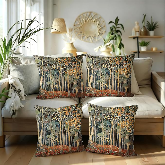 Rustic William Morris Inspired Autumn Forest Decor Pillow Covers 18x18 Set of 4,Fall Home Room Decor, Vintage Botanical Nature Decorative Throw Pillow Covers for Home Bedroom Living Room