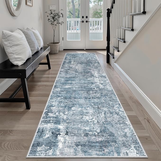 Soalmost Abstract Runner Rug 2x8 Washable Hallway Kitchen Runners Blue/Grey | Stain Resistant Vintage Rugs for Bathroom Laundry Room, Low Pile Foldable Floor Carpet Mat for Entryway Corridor Bedroom
