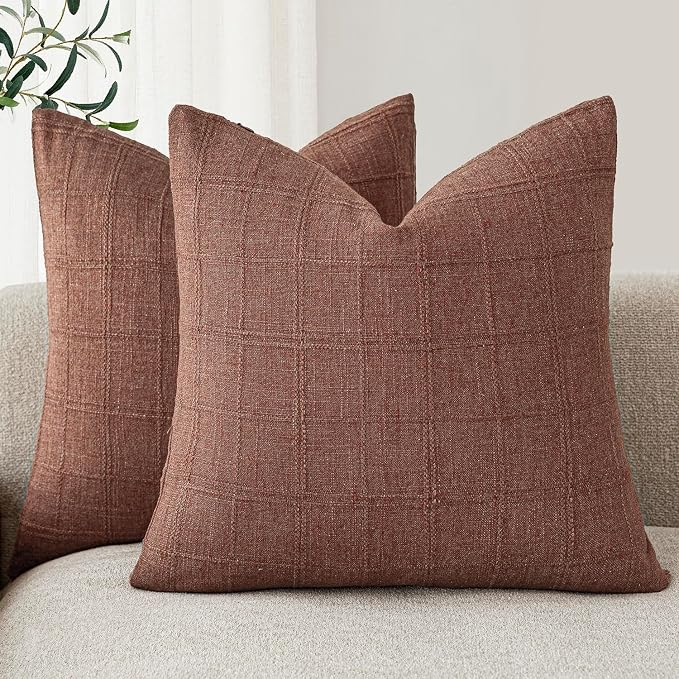 Foindtower Set of 2 Decorative Linen Check Throw Pillow Covers Neutral Farmhouse Vintage Cushion Covers Modern Boho Home Decor for Sofa Chair Couch Bedroom Living Room,26×26 Inch,Autumnal Red