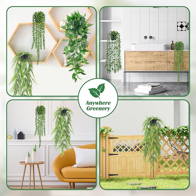 Der Rose 4Pcs Fake Hanging Plants with Lush Cascading Greenery | Artificial plant with black pots, 20–34 in long faux vine, for bathroom, kitchen, living room wall, shelf decor indoor