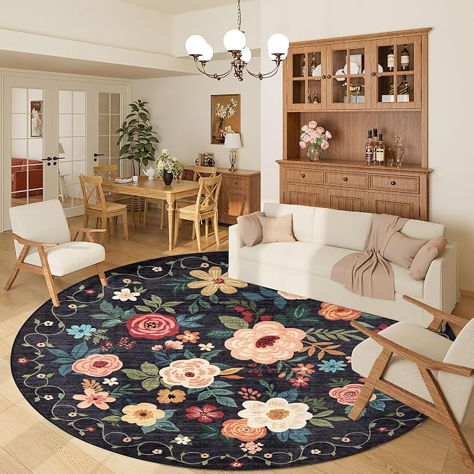 DUKINO 6ft Round Rug, Soft Washable Circle Rug for Bedroom Non Slip, Black | Low Pile, Stain Resistant Indoor Rug for Living Room, Dining Room, Kids Room, Office, Pet Friendly, Home Decor, Non-Shedding