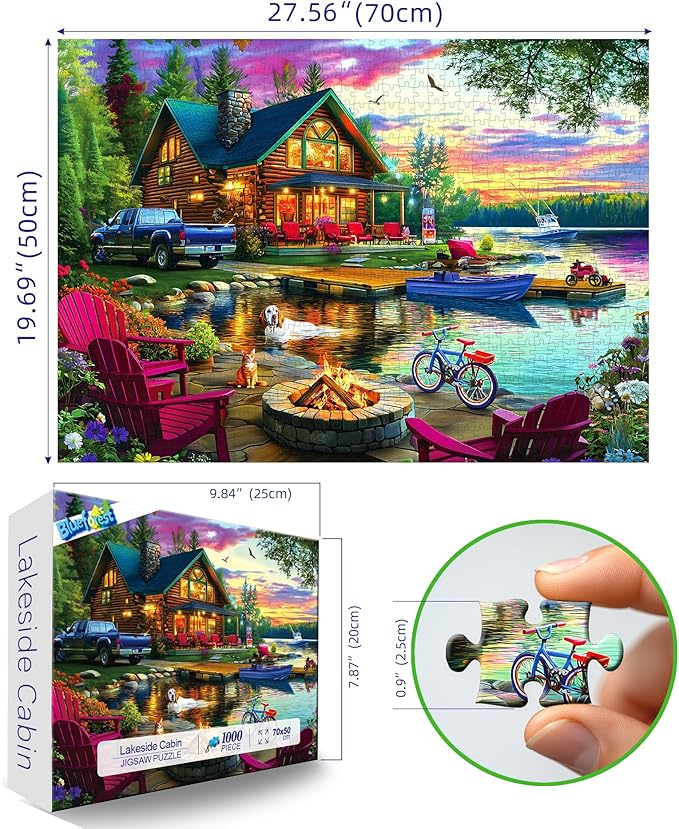 1000 Piece Puzzle for Adults Lakeside Sunset Log Cabin Jigsaw Adult Puzzles with Fire Pit & Dock Lake Landscape Puzzle with Letters on Back, Fun Games for Adult Game Night