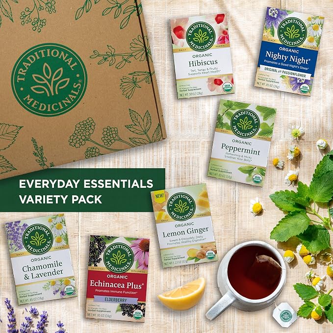 Traditional Medicinals Organic Herbal Tea - Six Calming Flavors, Chamomile, Hibiscus, Peppermint, Lemon Balm, Lemon Ginger & Passionflower, 96 Tea Bags (6 Pack)